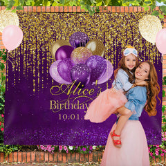 Lofaris Personalized Gold Glitter Purple Birthday Backdrop