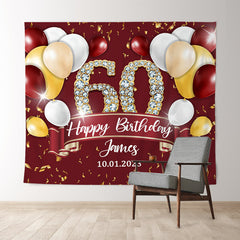 Lofaris Personalized Gold Ribbons Red 60Th Birthday Backdrop