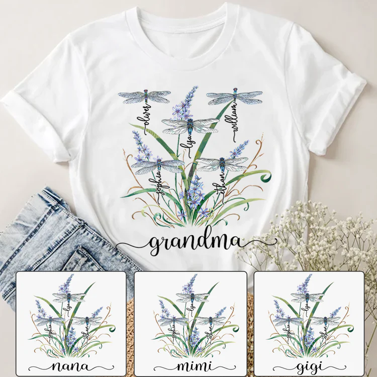 Lofaris Personalized Grandma Kids Flower Dragonfly T-Shirt