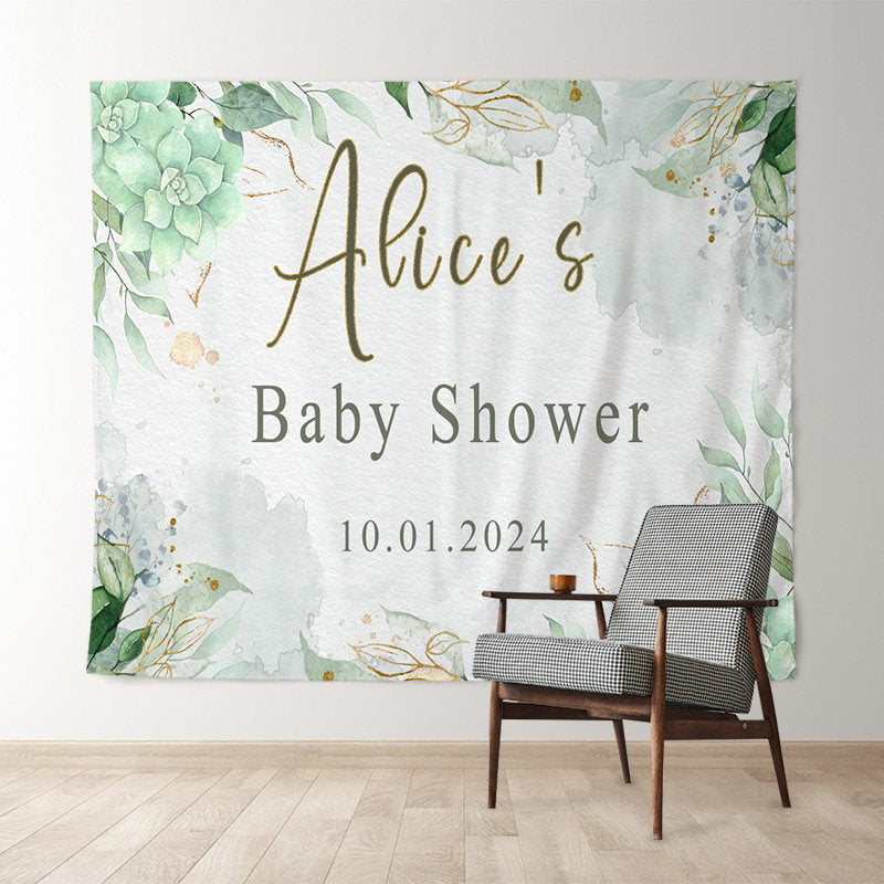 Lofaris Personalized Green Flower Leaves Baby Shower Backdrop