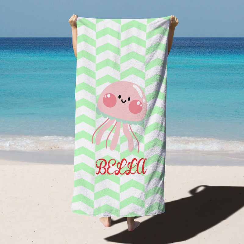 Lofaris Personalized Green Stripe Octopus Kids Beach Towel