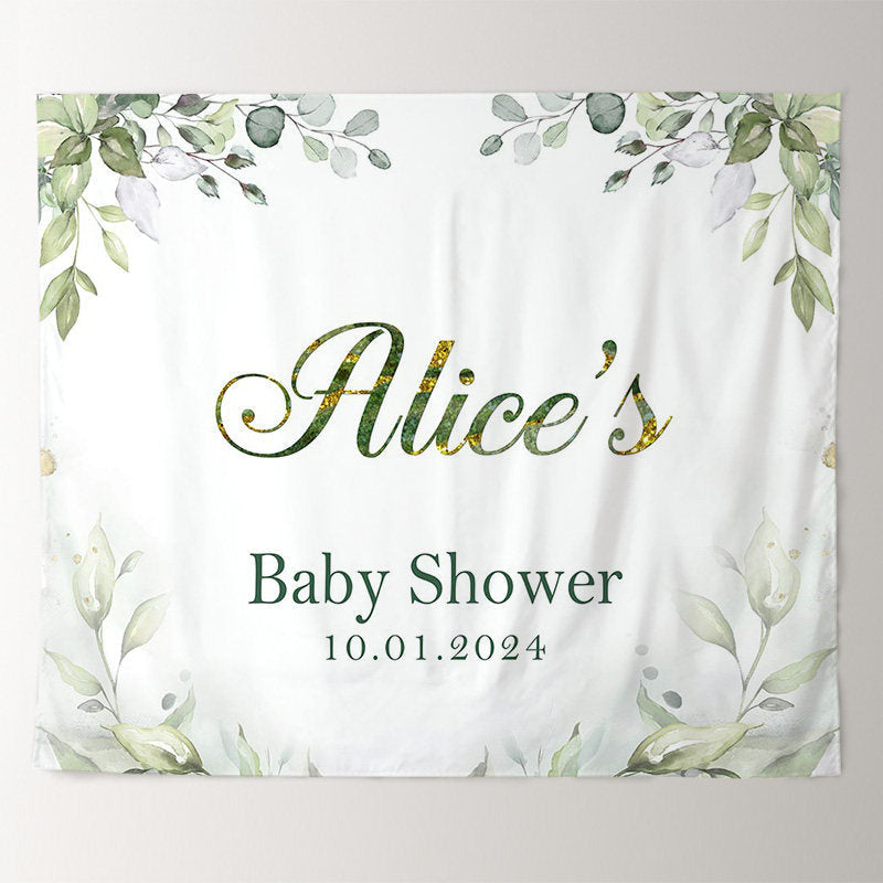 Personalized Greenery Leaves White Baby Shower Backdrop - Lofaris