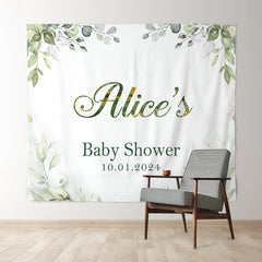 Lofaris Personalized Greenery Leaves White Baby Shower Backdrop