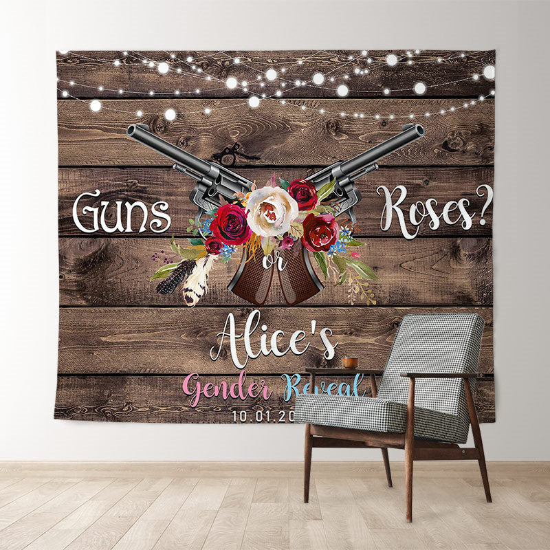 Lofaris Personalized Gun Or Rose Wood Gender Reveal Backdrop