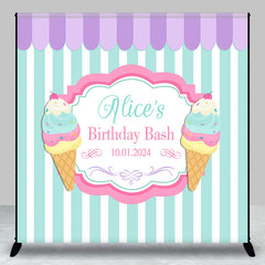 Lofaris Personalized Ice Cream Stripe Happy Birthday Backdrop