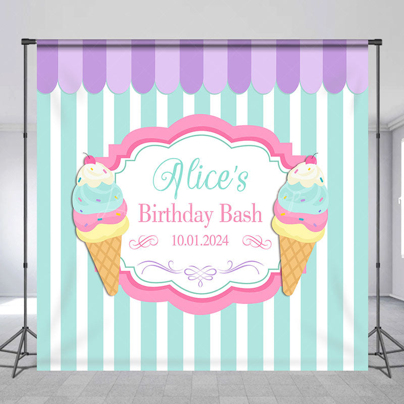 Lofaris Personalized Ice Cream Stripe Happy Birthday Backdrop