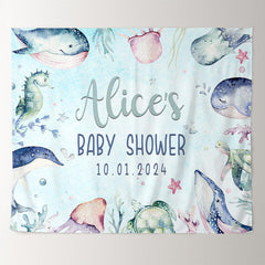 Lofaris Personalized Marine Animals Blue Baby Shower Backdrop