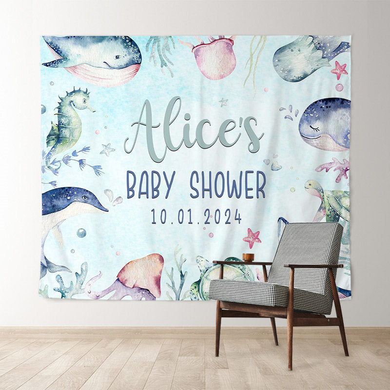 Lofaris Personalized Marine Animals Blue Baby Shower Backdrop