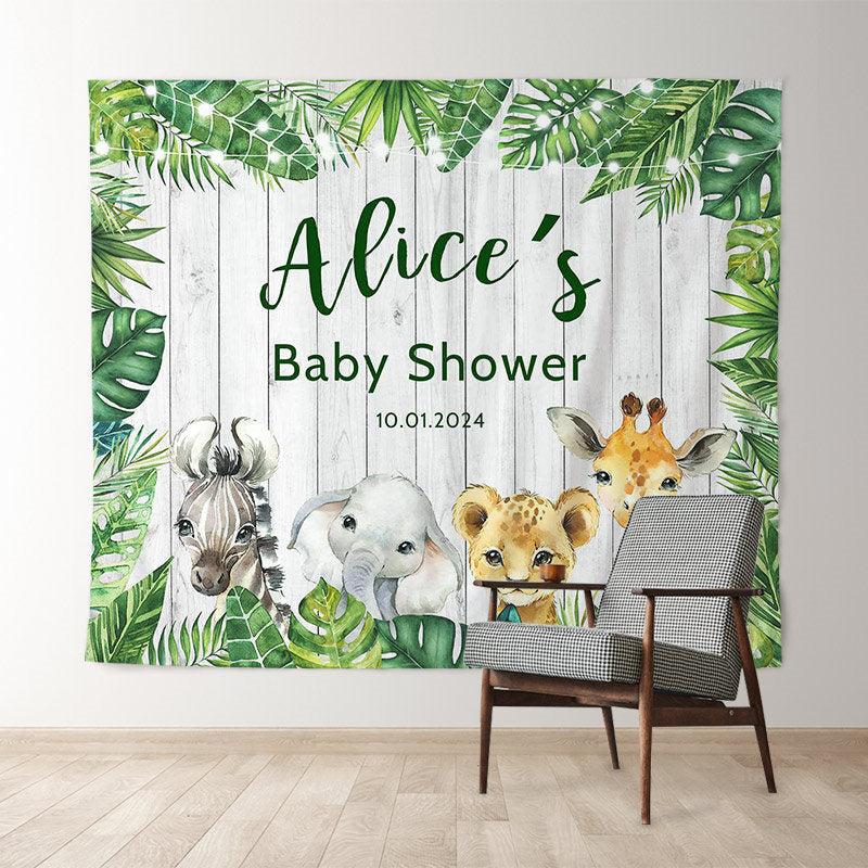 Lofaris Personalized Monstera Wood Safari Baby Shower Backdrop