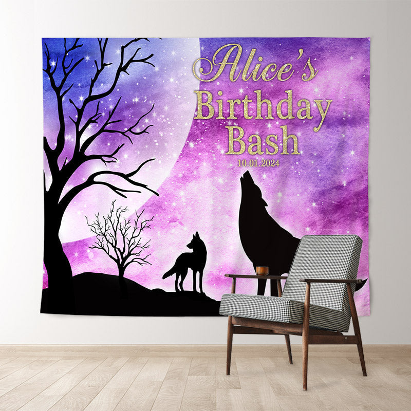 Lofaris Personalized Moon Wolves Purple Birthday Backdrop