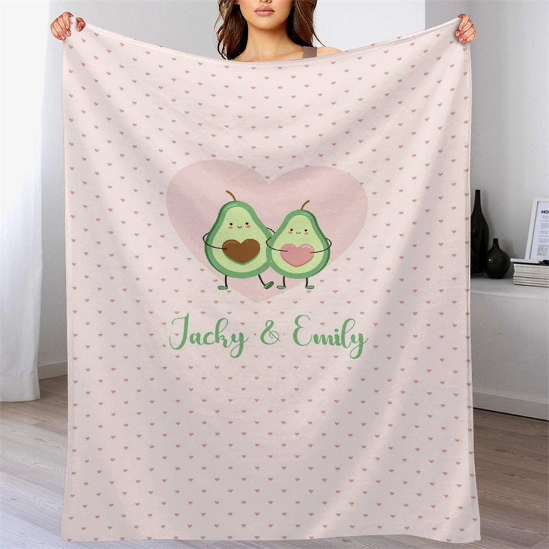 Lofaris Personalized Name Avocados Polka Hearts Couple Blanket