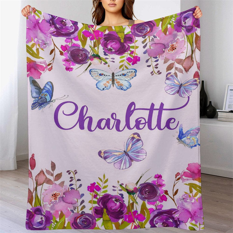 Lofaris Personalized Name Butterflies Purple Floral Blanket