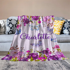 Lofaris Personalized Name Butterflies Purple Floral Blanket