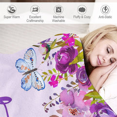 Lofaris Personalized Name Butterflies Purple Floral Blanket