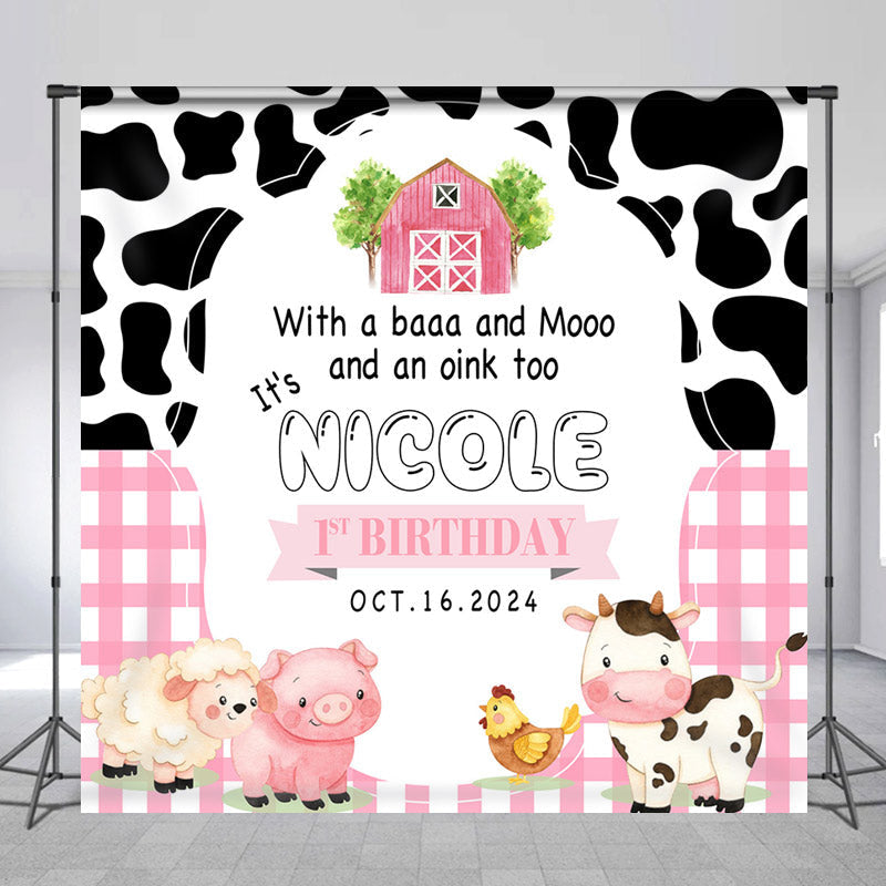 Lofaris Personalized Name Farm Animals Cow Birthday Backdrop