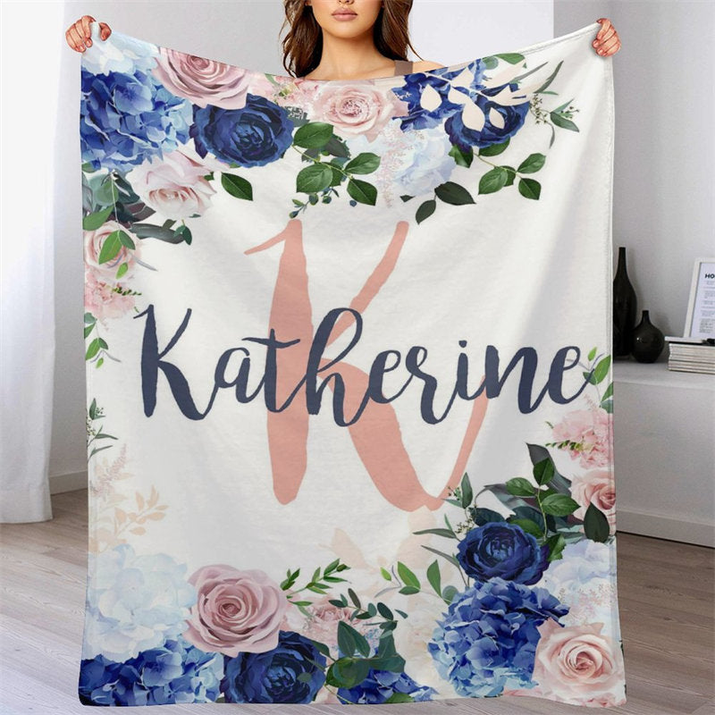 Lofaris Personalized Name Letter Blue Pink White Rose Blanket