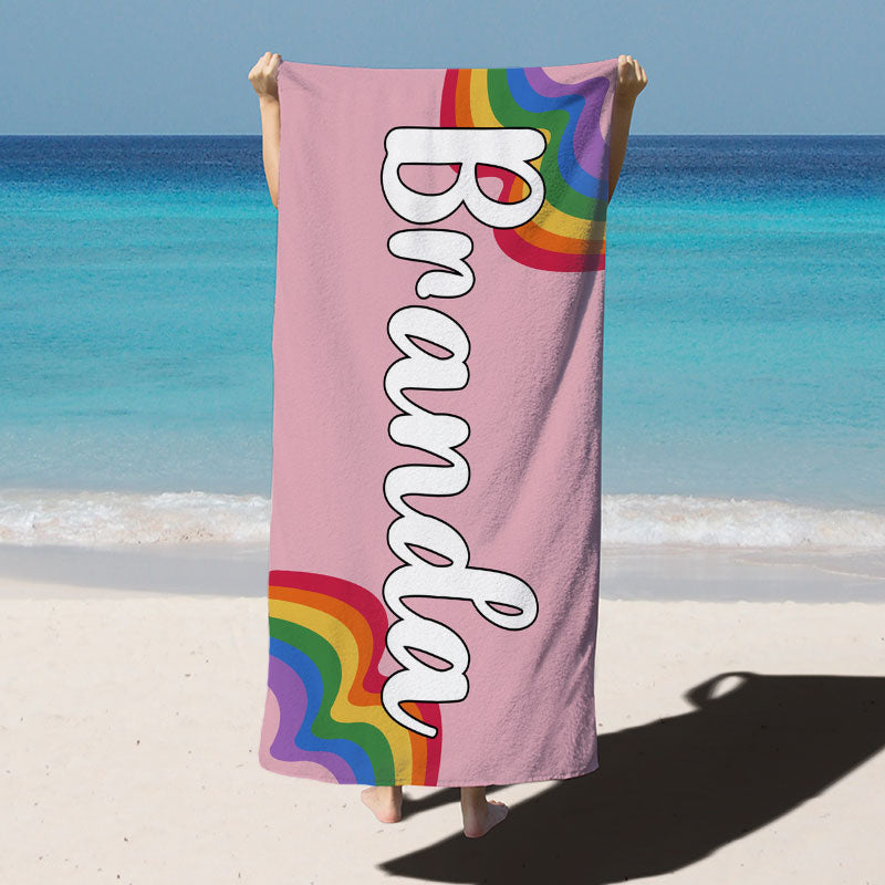 Lofaris Personalized Name Rainbow Pink Beach Towel