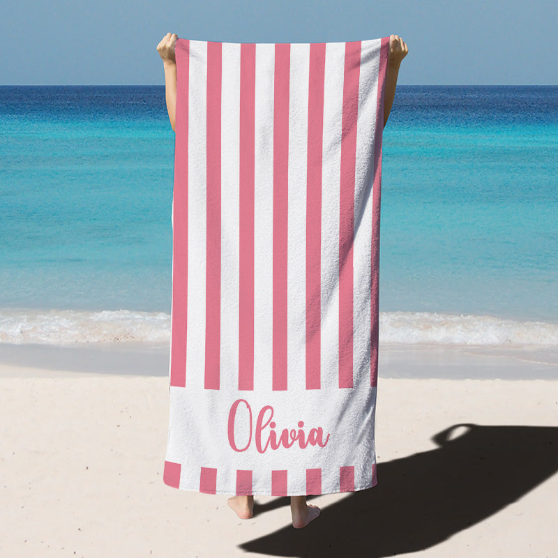 Lofaris Personalized Name Stripes Pink Beach Towel for Gift