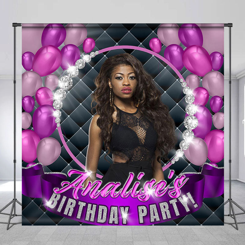 Lofaris Personalized Photo Black Purple Birthday Backdrop