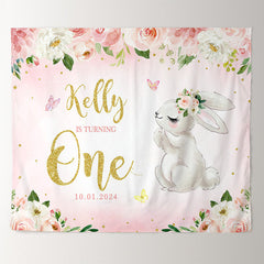 Lofaris Personalized Pink Floral Rabbit 1st Birthday Backdrop