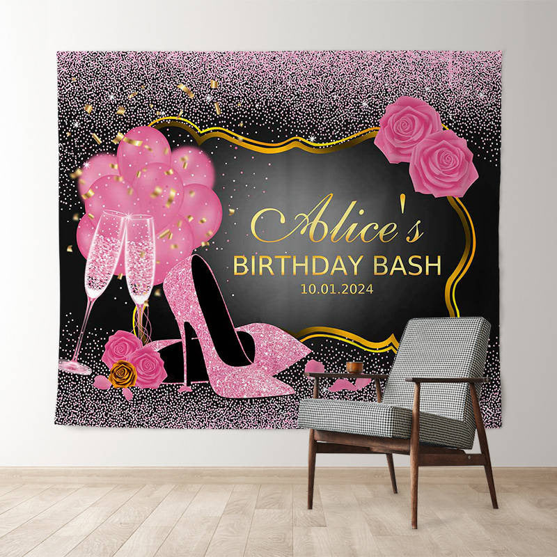 Lofaris Personalized Pink Sparkling Rose Birthday Backdrop