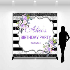 Lofaris Personalized Purple Flower Glitter Birthday Backdrop