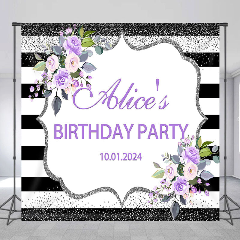 Lofaris Personalized Purple Flower Glitter Birthday Backdrop