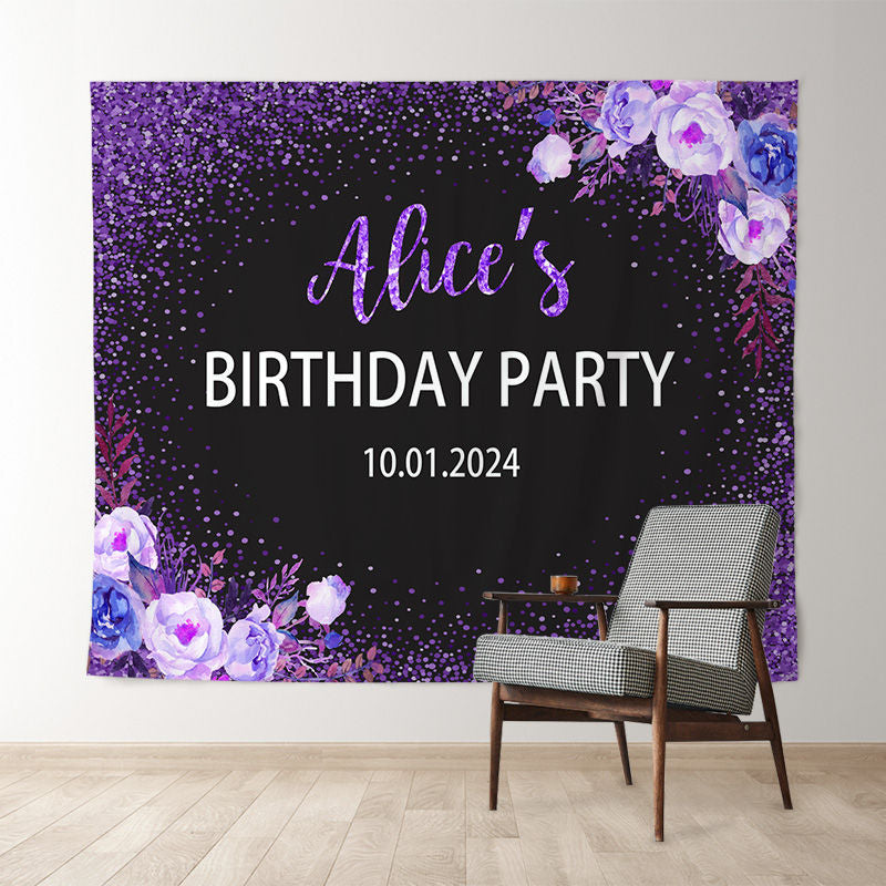 Lofaris Personalized Purple Glitter Floral Birthday Backdrop