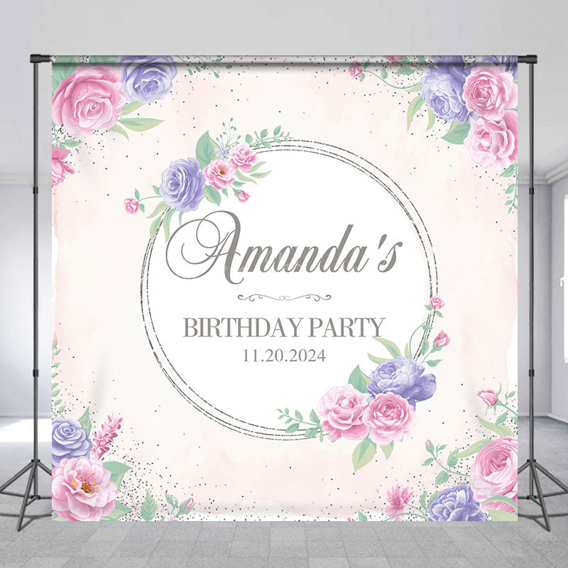 Lofaris Personalized Purple Pink Flowers Birthday Backdrop