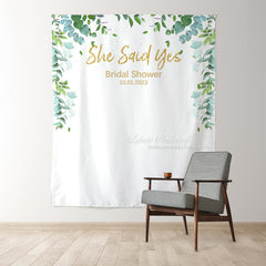 Lofaris Personalized She Said Yes Eucalyptus Leaves Bridal Shower Backdrop