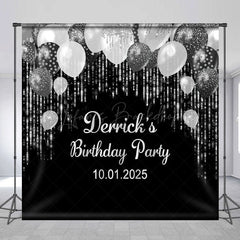 Lofaris Personalized Silver Glitter Black Birthday Backdrop