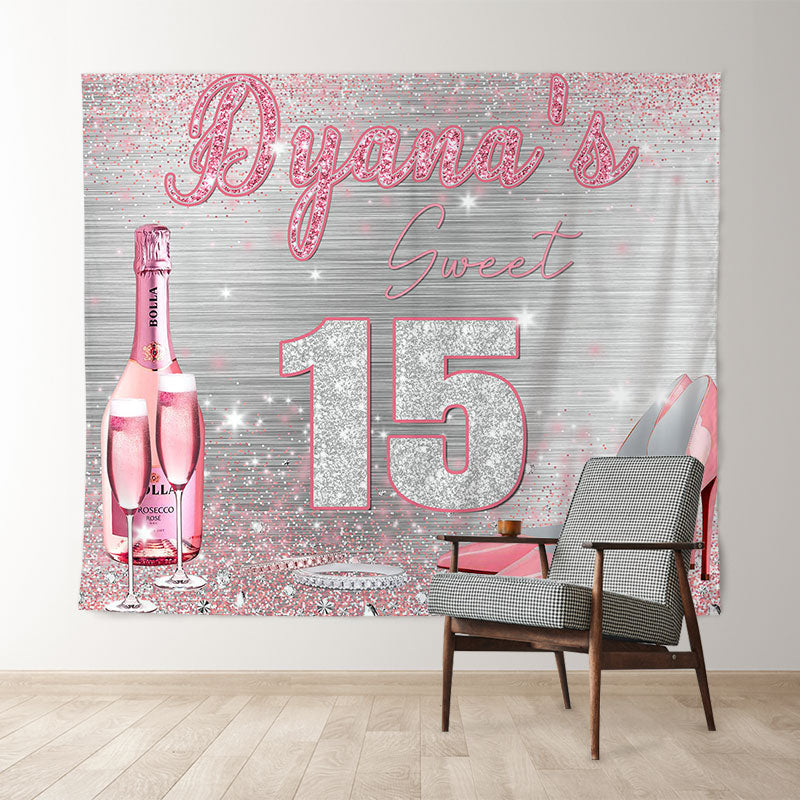 Lofaris Personalized Sliver Pink Sweet 16 Birthday backdrop