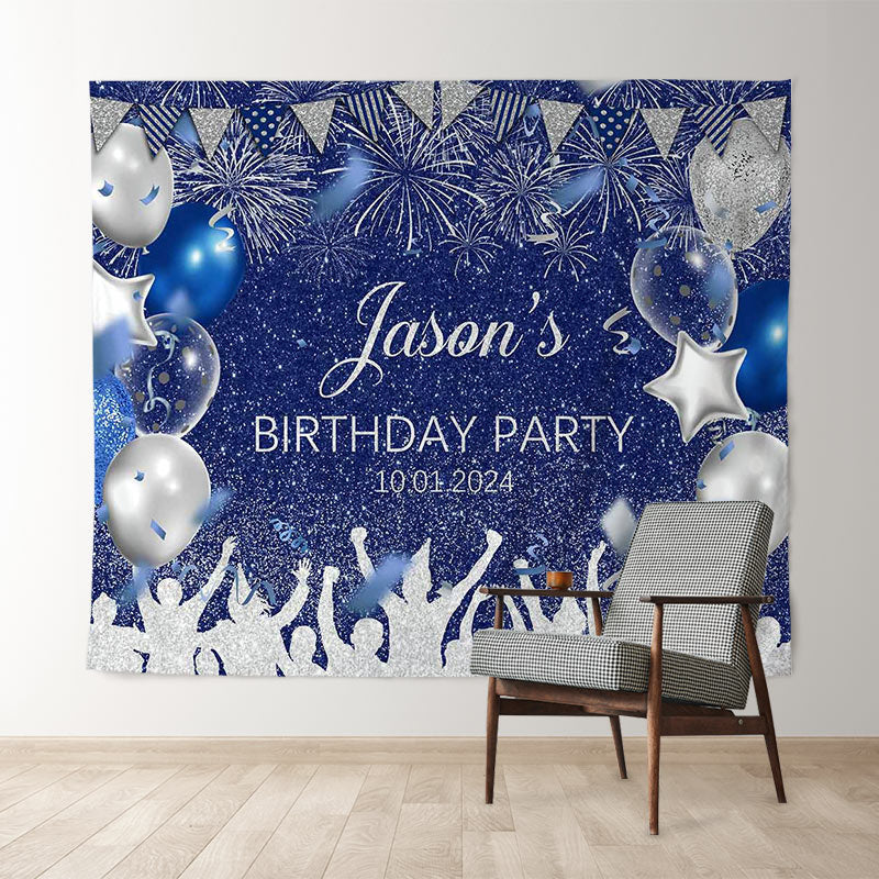 Lofaris Personalized Spark Balloon Blue Birthday Backdrop