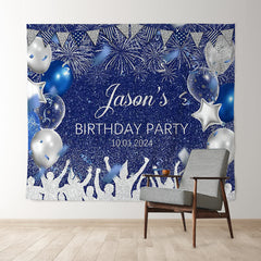 Lofaris Personalized Spark Balloon Blue Birthday Backdrop