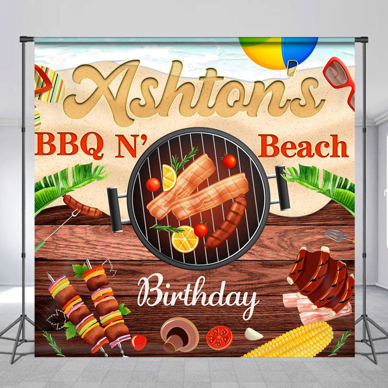 Lofaris Personalized Summer BBQ Beach Wood Birthday Backdrop