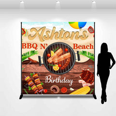 Lofaris Personalized Summer BBQ Beach Wood Birthday Backdrop