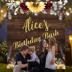 Lofaris Personalized Sunflower Brown Wood Birthday Backdrop