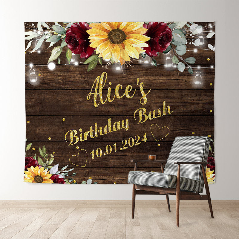 Lofaris Personalized Sunflower Brown Wood Birthday Backdrop