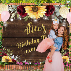 Lofaris Personalized Sunflower Brown Wood Birthday Backdrop