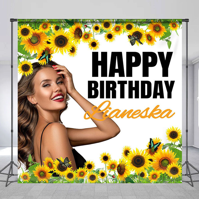 Lofaris Personalized Sunflower Butterfly White Birthday Backdrop