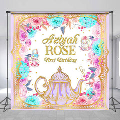 Lofaris Personalized Teapot Floral 1st Birthday Backdrop