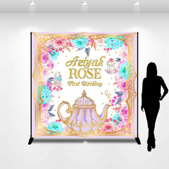 Lofaris Personalized Teapot Floral 1st Birthday Backdrop