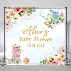 Lofaris Personalized Teapot Floral Baby Shower Backdrop