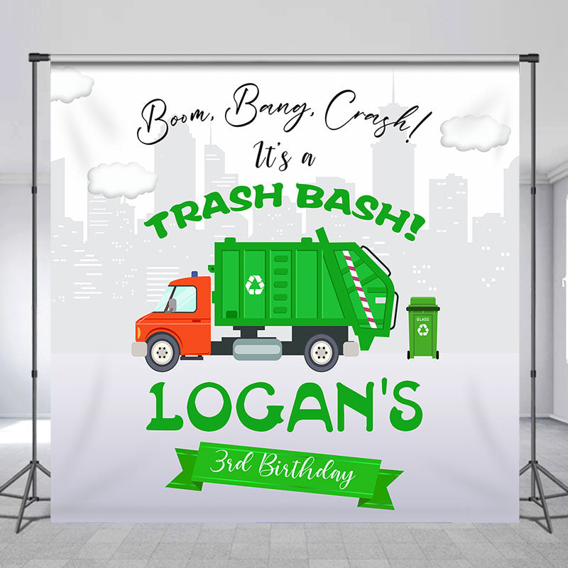 Lofaris Personalized Trash Bash Green Cart 3rd Birthday Backdrop