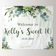 Lofaris Personalized Watercolor Green Leaves Birthday Backdrop