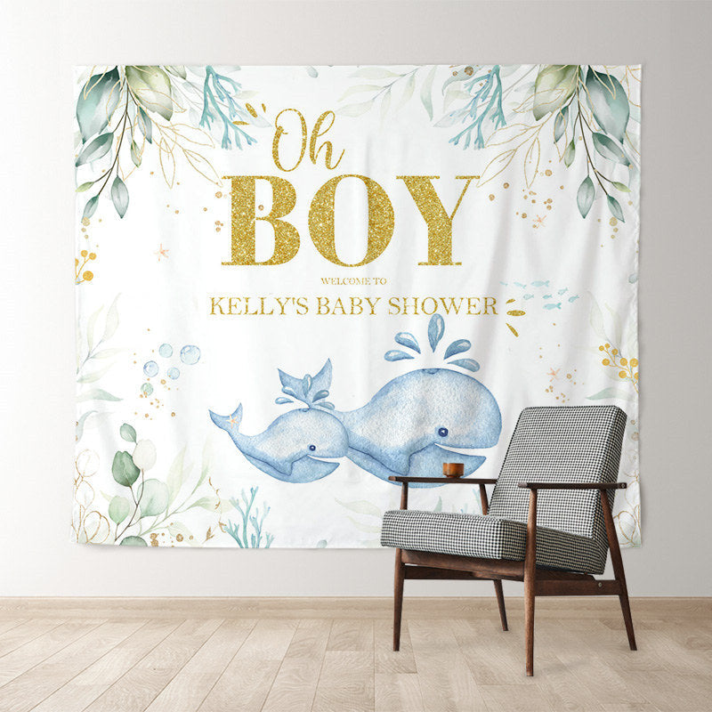 Lofaris Personalized Whale Leaves Boy Baby Shower Backdrop