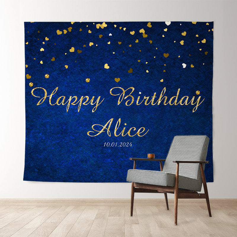 Lofaris Personalized Yellow Hearts Dark Blue Birthday Backdrop