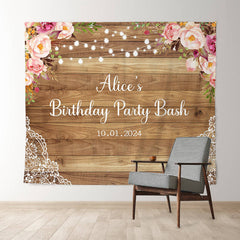 Lofaris Personzalized Pink Floral Brown Wood Birthday Backdrop