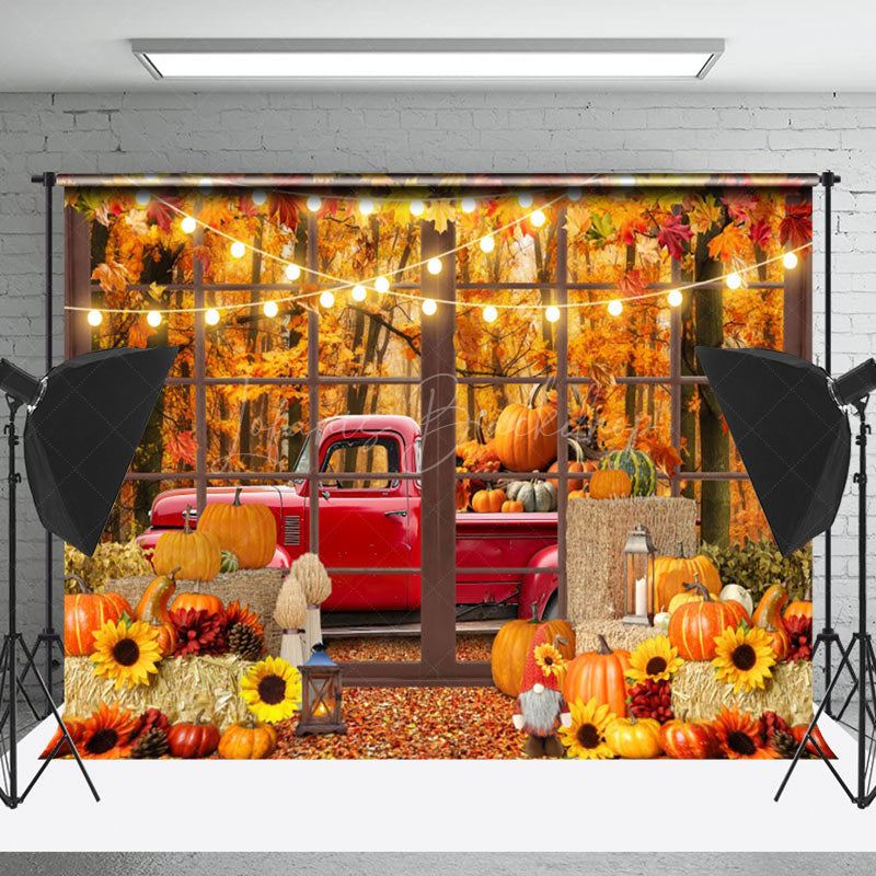 Lofaris Pickup Truck Full Of Pumpkins Outside The Window Backdrop