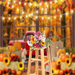 Lofaris Pickup Truck Full Of Pumpkins Outside The Window Backdrop